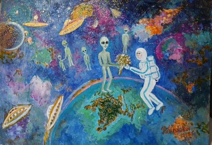 Астанькович Наталья Николаевна. «Есть Контакт! Светлану Савицкую встречают в открытом космосе» Акрил. Грунтованный картон. 50х70. 2026г., г. Джанкой.